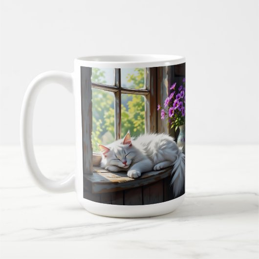 白猫の昼寝と紫の花 コーヒーマグカップ (左)