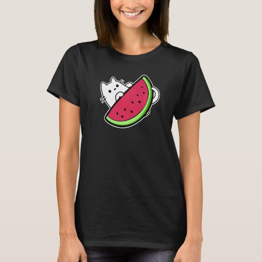 白猫の甘いスイカのスライスの下 Tシャツ (正面)