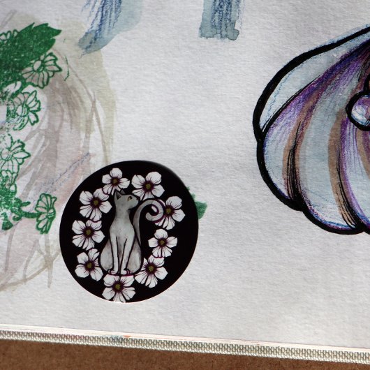 白猫の花フローラ桜猫の花アート ラウンドシール