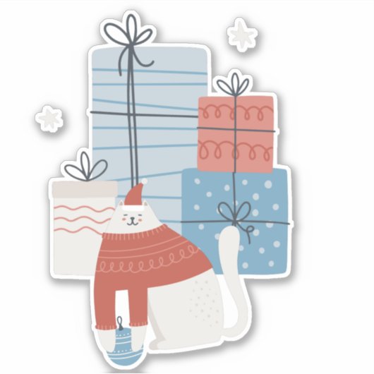 白猫の赤いセータープレゼントギフトオーナメント シール (正面)