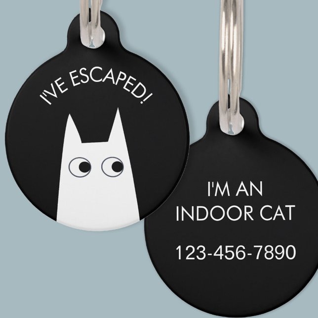 白猫を逃れた屋内猫 ペット　ネームタグ (Escaped Indoor Cat personalized phone number white cat pet tag)