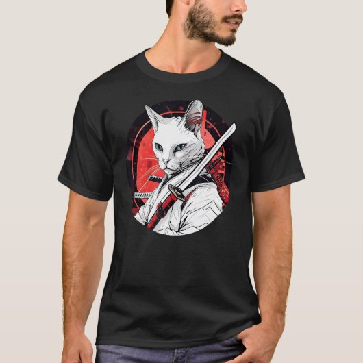 白猫サムライ 楽しいペットの戦士 Tシャツ (正面)