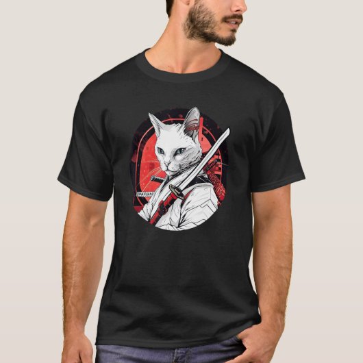 白猫サムライ 笑える ペット戦士 Tシャツ (正面)