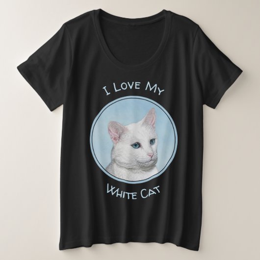 白猫絵画の可愛いオリジナル猫アート プラスサイズTシャツ (デザイン正面)