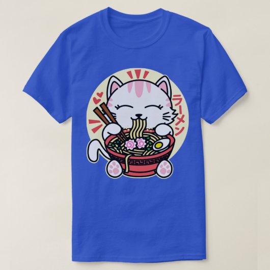 白猫食べ物ラーメン Tシャツ (デザイン正面)