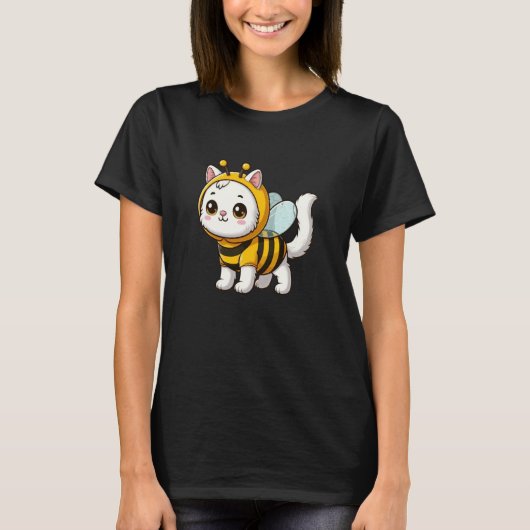 白猫+ハチ+ペット+面白い+動物 Tシャツ (正面)