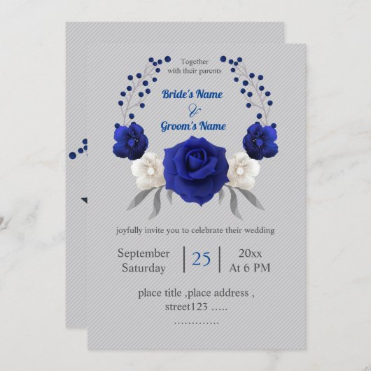 白王室の色の青い花は銀結婚灰色 招待状 (正面/裏面)
