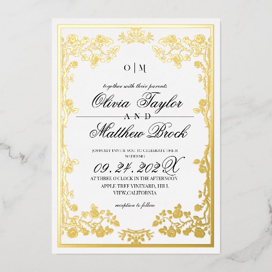 白王室の金ゴールド華美花結婚の香り 箔招待状 (正面)