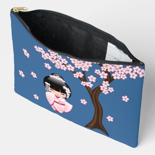 白着物こけし人形 かわいい芸者さん 青 アクセサリーポーチ (見開き)