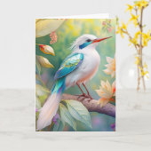 白紋玉虹色ティール（緑がかった色）羽ファンタジー鳥 カード (黄色い花)