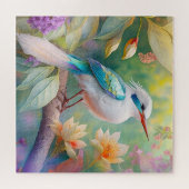 白紋玉虹色ティール（緑がかった色）羽ファンタジー鳥 ジグソーパズル (横)