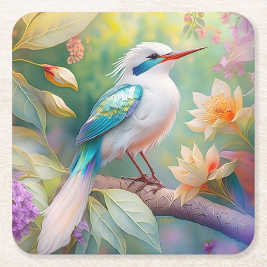 白紋玉虹色ティール(緑がかった色)羽ファンタジー鳥 スクエアペーパーコースター (正面)
