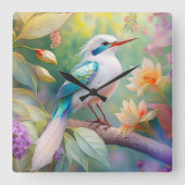 白紋玉虹色ティール（緑がかった色）羽ファンタジー鳥 スクエア壁時計 (正面)