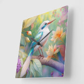 白紋玉虹色ティール（緑がかった色）羽ファンタジー鳥 スクエア壁時計 (傾斜)