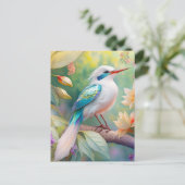 白紋玉虹色ティール(緑がかった色)羽ファンタジー鳥 ポストカード (スタンド正面)