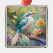 白紋玉虹色ティール（緑がかった色）羽ファンタジー鳥 メタルオーナメント (正面)