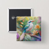 白紋玉虹色ティール（緑がかった色）羽ファンタジー鳥 缶バッジ (正面&裏面)