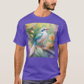 白紋玉虹色ティール(緑がかった色)羽ファンタジー鳥 Tシャツ (正面)
