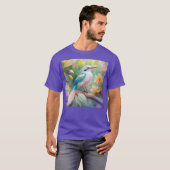 白紋玉虹色ティール(緑がかった色)羽ファンタジー鳥 Tシャツ (正面フル)