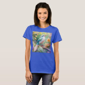 白紋玉虹色ティール(緑がかった色)羽ファンタジー鳥 Tシャツ (正面フル)