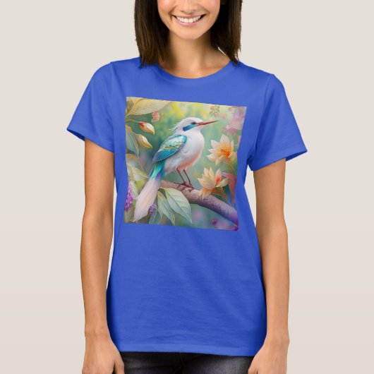 白紋玉虹色ティール(緑がかった色)羽ファンタジー鳥 Tシャツ (正面)