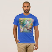 白紋玉虹色ティール(緑がかった色)羽ファンタジー鳥 Tシャツ (正面フル)