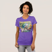 白紋玉虹色ティール(緑がかった色)羽ファンタジー鳥 Tシャツ (正面フル)