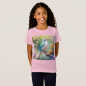 白紋玉虹色ティール(緑がかった色)羽ファンタジー鳥 Tシャツ (正面フル)