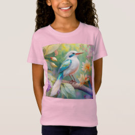 白紋玉虹色ティール(緑がかった色)羽ファンタジー鳥 Tシャツ