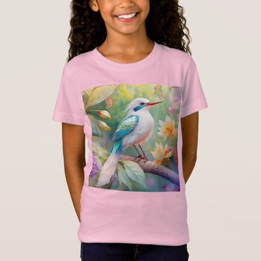 白紋玉虹色ティール(緑がかった色)羽ファンタジー鳥 Tシャツ (正面)