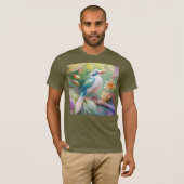 白紋玉虹色ティール(緑がかった色)羽ファンタジー鳥 Tシャツ (正面フル)