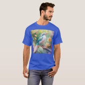 白紋玉虹色ティール(緑がかった色)羽ファンタジー鳥 Tシャツ (正面フル)