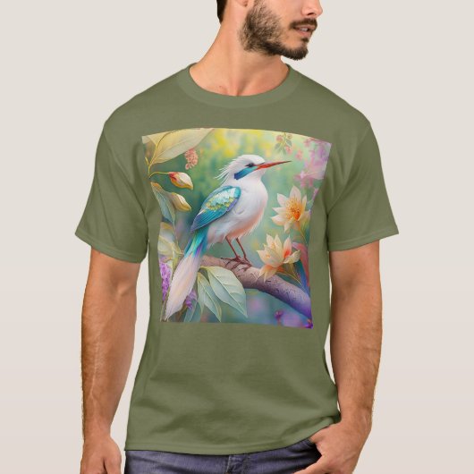白紋玉虹色ティール（緑がかった色）羽ファンタジー鳥 Tシャツ (正面)