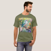 白紋玉虹色ティール（緑がかった色）羽ファンタジー鳥 Tシャツ (正面フル)