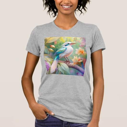 白紋玉虹色ティール(緑がかった色)羽ファンタジー鳥 Tシャツ (正面)