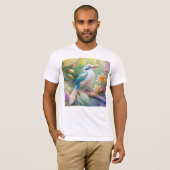 白紋玉虹色ティール(緑がかった色)羽ファンタジー鳥 Tシャツ (正面フル)