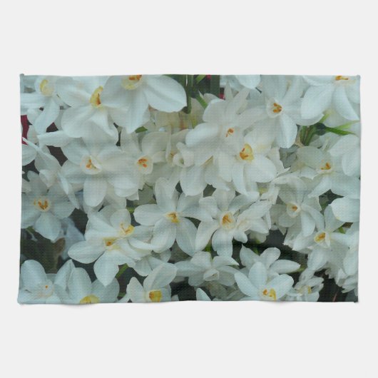 白紙水仙の繊細な白い花 キッチンタオル (横)