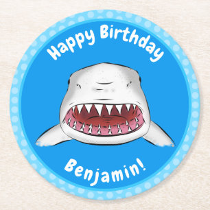 白素晴らしサメ平均イラストレーション ラウンドペーパーコースター