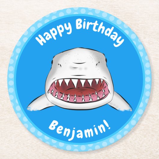 白素晴らしサメ平均イラストレーション ラウンドペーパーコースター (正面)