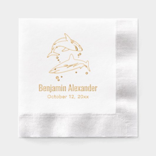 白素晴らしサメ海テーマ名日付 箔ナプキン (正面)