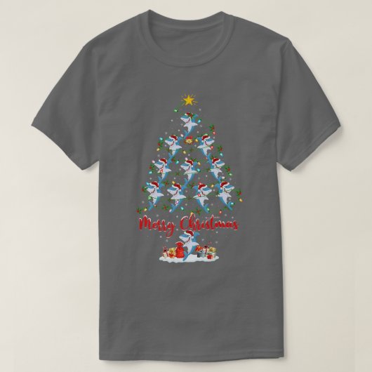 白素晴らしサメ魚クリスマスツリー光おもしろい Tシャツ (デザイン正面)