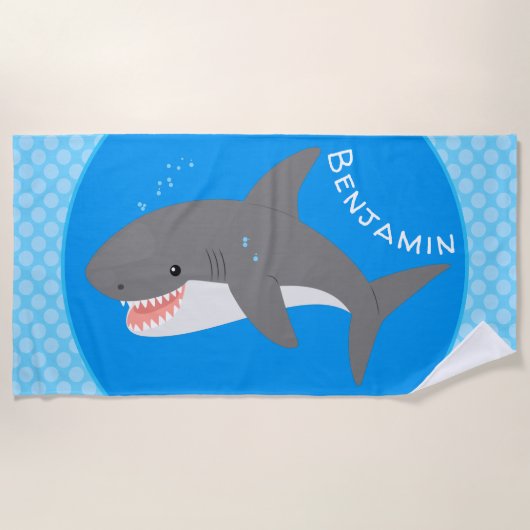 白素晴らしサメhappy cartoonイラストレーション ビーチタオル (正面)
