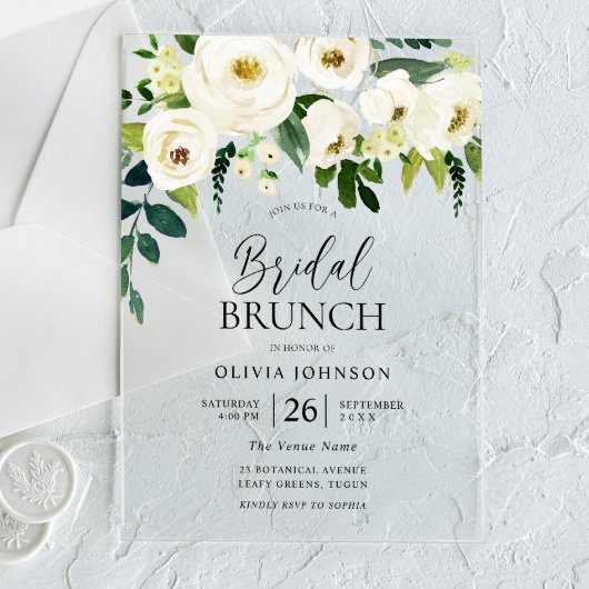 白素晴らし花ブライダルシャワーブランチ アクリル招待状