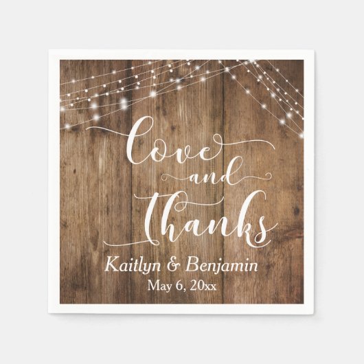白素朴いライト付き木材、愛と感謝してい スタンダードカクテルナプキン (正面)