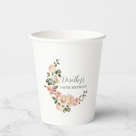 白素朴アイボリーバラ100誕生日 紙コップ (正面)