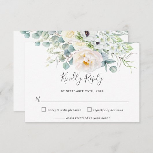 白素朴アイボリー牡丹フローラ緑結婚園 出欠カード (正面/裏面)