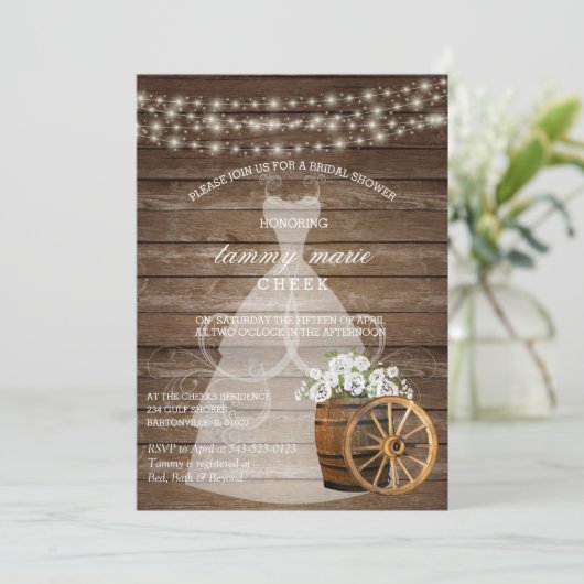 白素朴フローラ付き木製バレルブライダルシャワー 招待状 (スタンド正面)