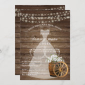 白素朴フローラ付き木製バレルブライダルシャワー 招待状 (正面/裏面)