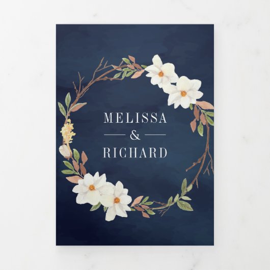 白素朴マグノリアフローラQRコード海軍結婚ズ 三つ折り招待状 (カバー)