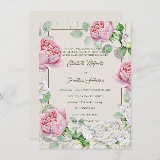 白素朴木とヴィンテージピンクローズ結婚ズ 招待状 (正面/裏面)